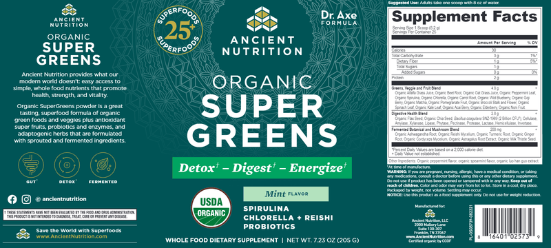 Organic SuperGreens Mint (Ancient Nutrition) Label