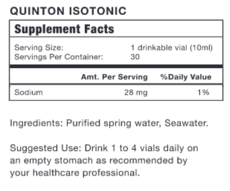 Original Quinton Isotonic 30 Ampoules (Quicksilver Scientific) Supplement Facts