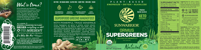 Ormus Super Greens Natural 225g (Sunwarrior) Label