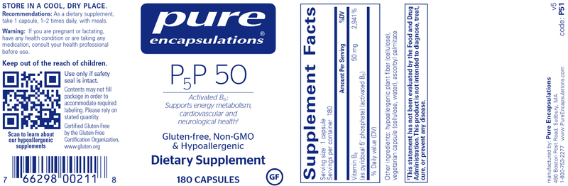 P5P 50 (activated B6) - (Pure Encapsulations) 180ct label