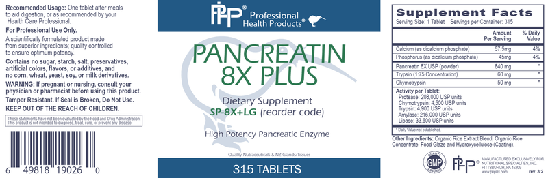PANCREATIN 8X PLUS 315 Tablets Professional Health Products Label