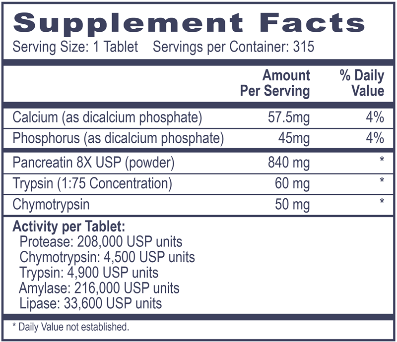 PANCREATIN 8X PLUS 315 Tablets Professional Health Products Supplement Facts