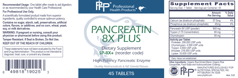 PANCREATIN 8X PLUS 45 Tablets Professional Health Products Label