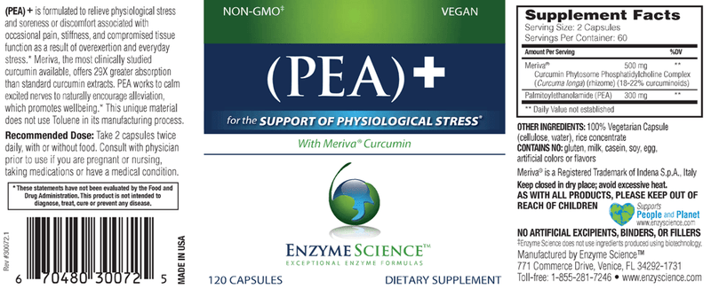 PEA+ Palmitoylethanolamide 120 Capsules Enzyme Science Label