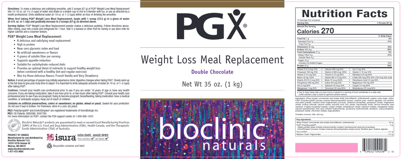 PGX Weight Loss Meal Replacement Chocolate (Bioclinic Naturals) Label