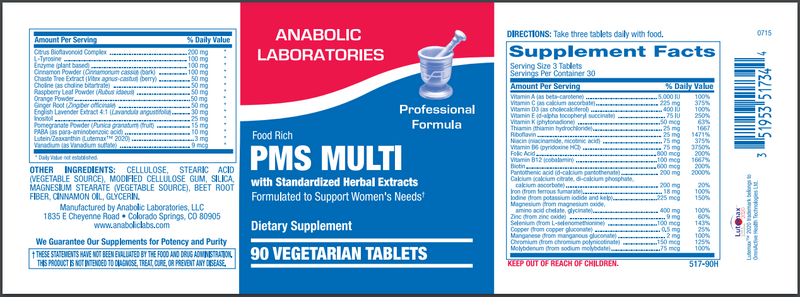 PMS MULTIVITAMIN (Anabolic Laboratories) Label