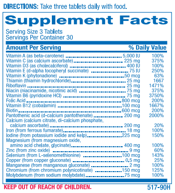 PMS MULTIVITAMIN (Anabolic Laboratories) Supplement Facts 1