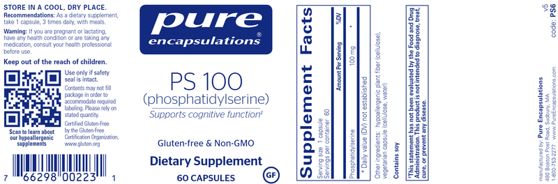 PS 100 (phosphatidylserine) 60 caps (Pure Encapsulations) label