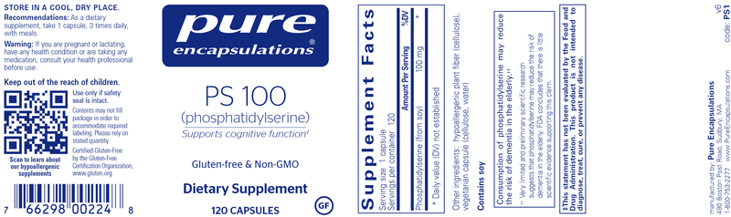 PS 100 (phosphatidylserine) 120 caps (Pure Encapsulations) label