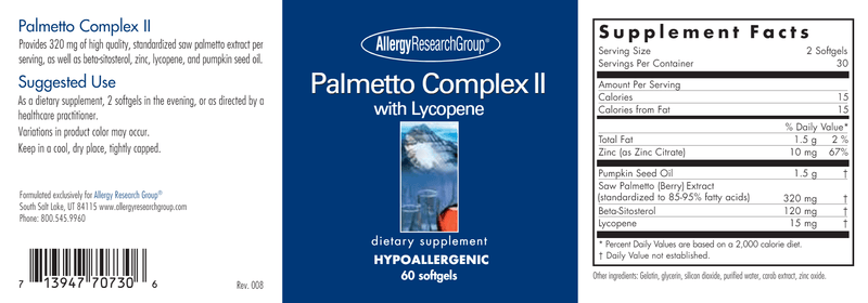 Palmetto Complex II (Allergy Research Group) label