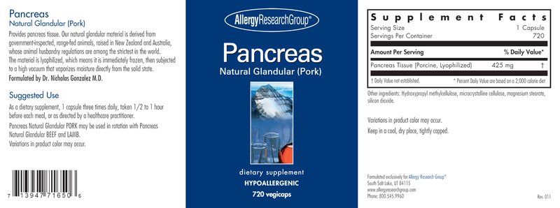 Pancreas Pork Vegie Capsules (Allergy Research Group) label