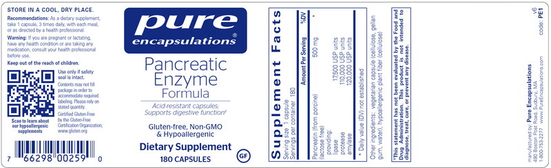 Pancreatic Enzyme Formula 180 caps (Pure Encapsulations) label
