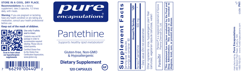 Pantethine 120 caps (Pure Encapsulations) label