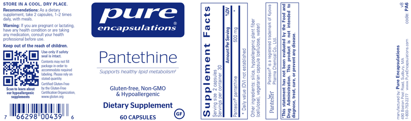 Pantethine 60 caps (Pure Encapsulations) label