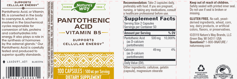 Pantothenic Acid 500 mg (Nature's Way) Label