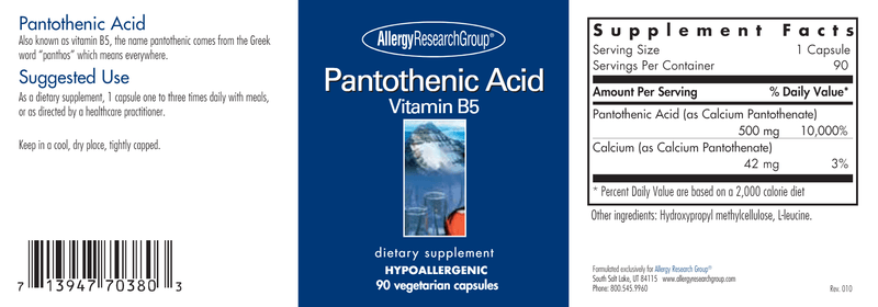 Pantothenic Acid (Allergy Research Group) label