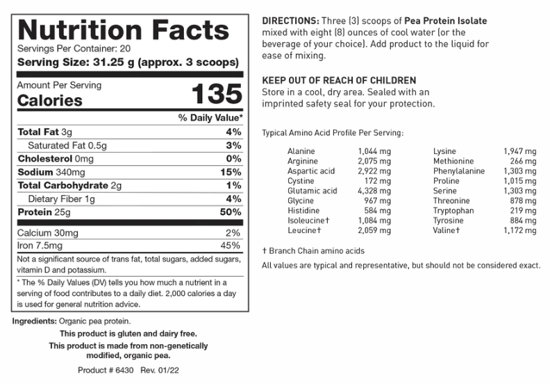 Pea Protein Isolate (Biotics Research) Unflavored Nutrition Facts