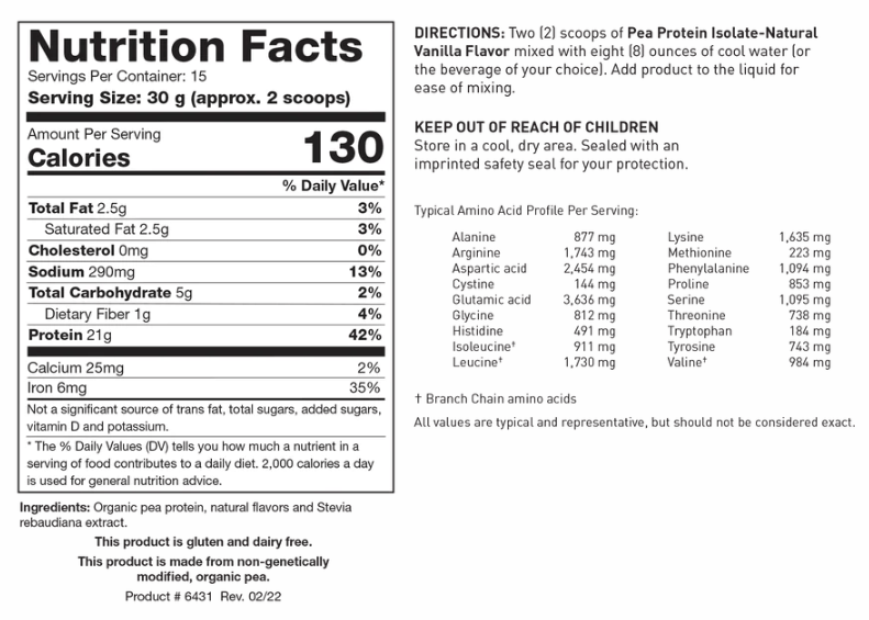 Pea Protein Isolate (Biotics Research) Vanilla Nutrition Facts