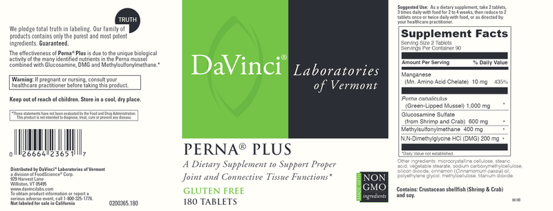 Perna Plus 180 Tabs DaVinci Labs Label