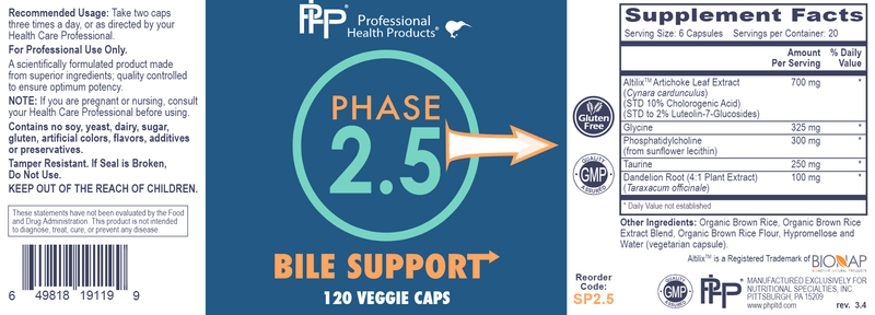 Phase 2.5 Bile Support Professional Health Products Label