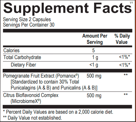 PhytoFlora Microbiome Support (Doctor Alex Supplements) Supplement Facts | pomegranate fruit extract | pomanox | punicalagins | citrus bioflavonoid complex | MicrobiomeX