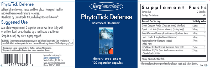 PhytoTick Defense (Allergy Research Group) Label