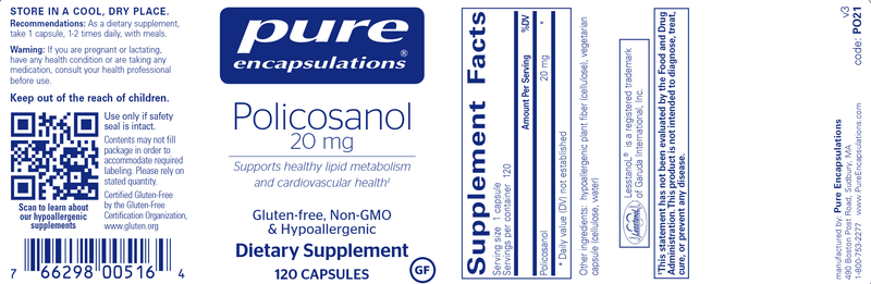 Policosanol 20 mg (Pure Encapsulations) label