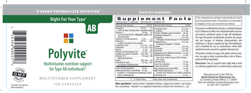 Polyvite AB (D'Adamo Personalized Nutrition) Label