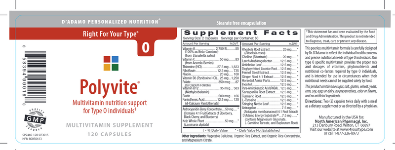 Polyvite O (D'Adamo Personalized Nutrition) Label