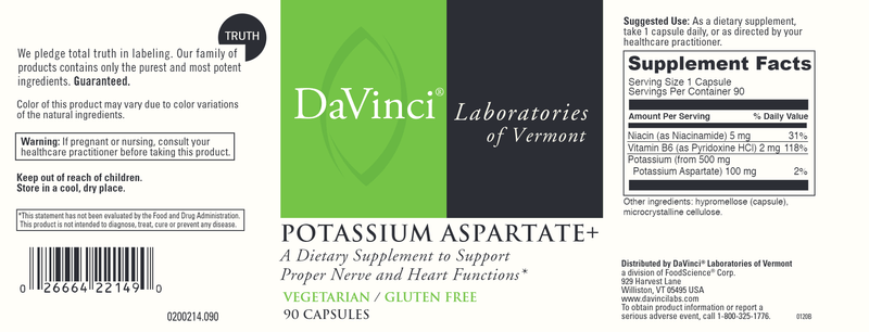 Potassium Aspartate DaVinci Labs Label