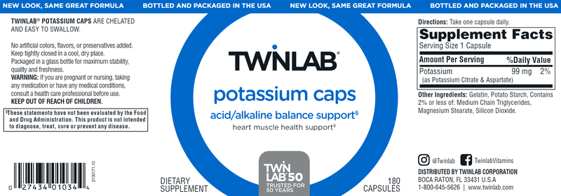 Potassium 180 Caps Twinlab Label