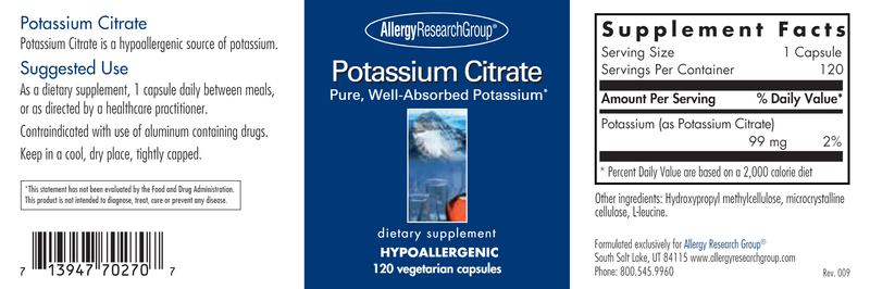 Potassium Citrate (Allergy Research Group) label