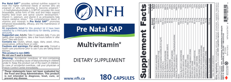 Pre Natal SAP (NFH Nutritional Fundamentals) Label