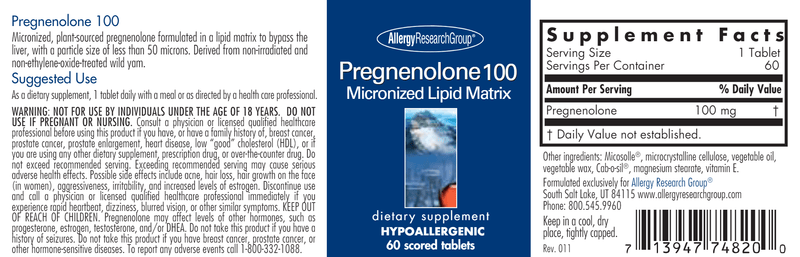 Pregnenolone 100 mg (Allergy Research Group) label