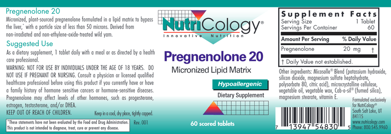 Pregnenolone 20 mg (Nutricology) label