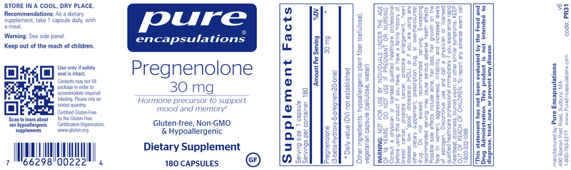 Pregnenolone 30 mg 180 caps (Pure Encapsulations) label