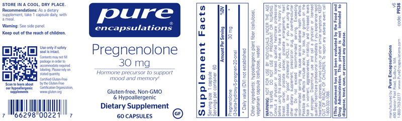 Pregnenolone 30 mg 60 caps (Pure Encapsulations) label