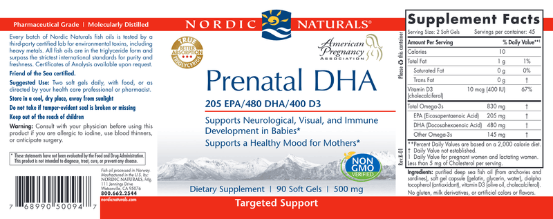 Prenatal DHA 90 Soft Gels (Nordic Naturals) Label