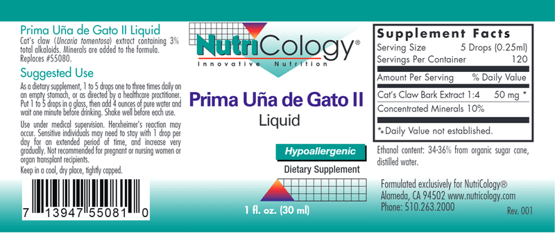 Prima Una de Gato II Liquid (Nutricology) Label
