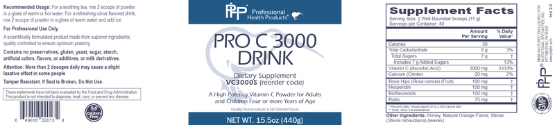 Pro C Drink with Stevia Professional Health Products Label