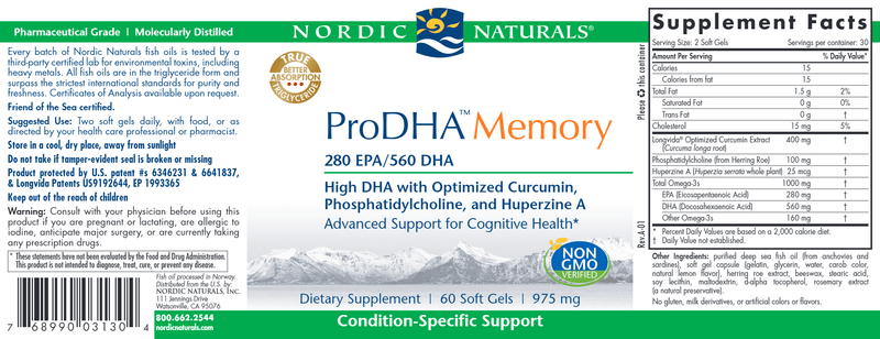 ProDHA Memory 60 Soft Gels (Nordic Naturals) Label