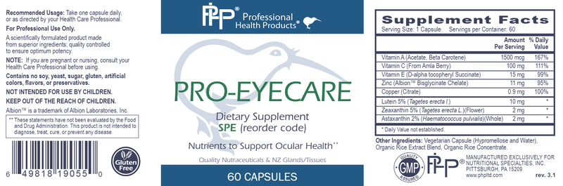Pro Eyecare Professional Health Products Label