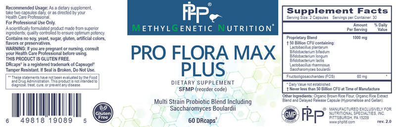 Pro Flora Max Plus Professional Health Products Label
