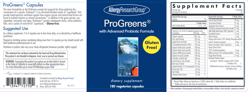 ProGreens® Capsules (Allergy Research Group) label