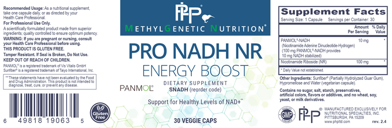 Pro NADH with NR Professional Health Products Label