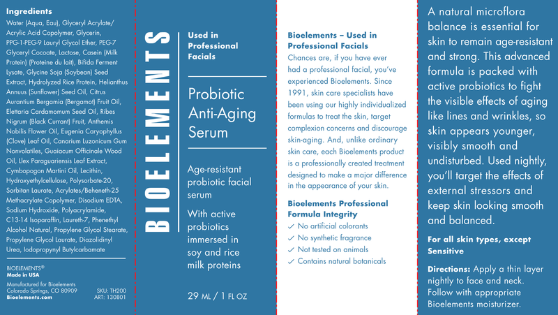 Probiotic Anti-Aging Serum (Bioelements INC) Label