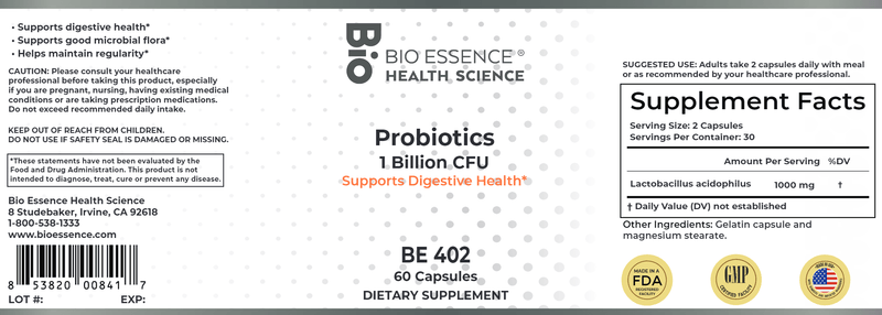 Probiotics 1 Billion CFU (Bio Essence Health Science) Label