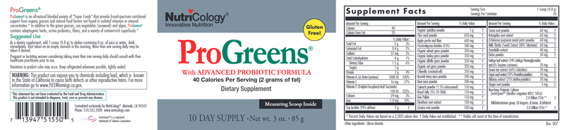 Progreens 10 Day Supply (Nutricology) Label