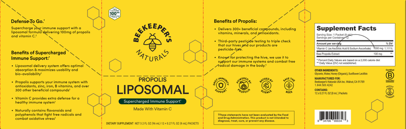 Propolis Liposomal + Vitamin C (Beekeeper's Naturals) Label