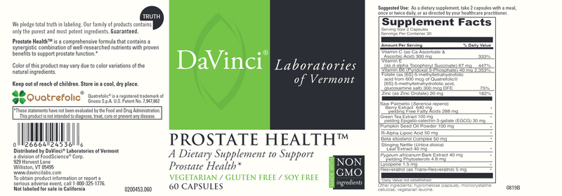 Prostate Health DaVinci Labs Label